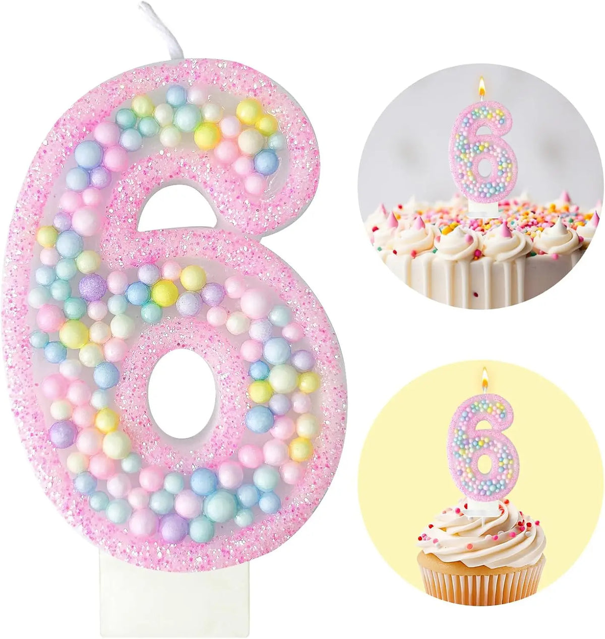 Pink glitter number 6 birthday candle and cupcake set for a celebration