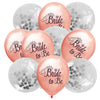 A pack of ten rose gold and silver latex confetti balloons with bride-themed text