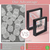 Transparent floating display boxes for jewelry and collectibles shown with various sizes and a comparison to other options