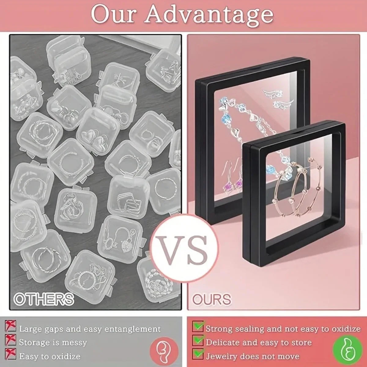 Transparent floating display boxes for jewelry and collectibles shown with various sizes and a comparison to other options