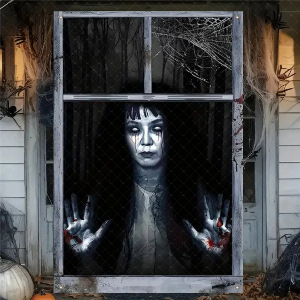 A dark portrait of a woman with white face paint and long black hair is displayed through a window decorated with bare branch