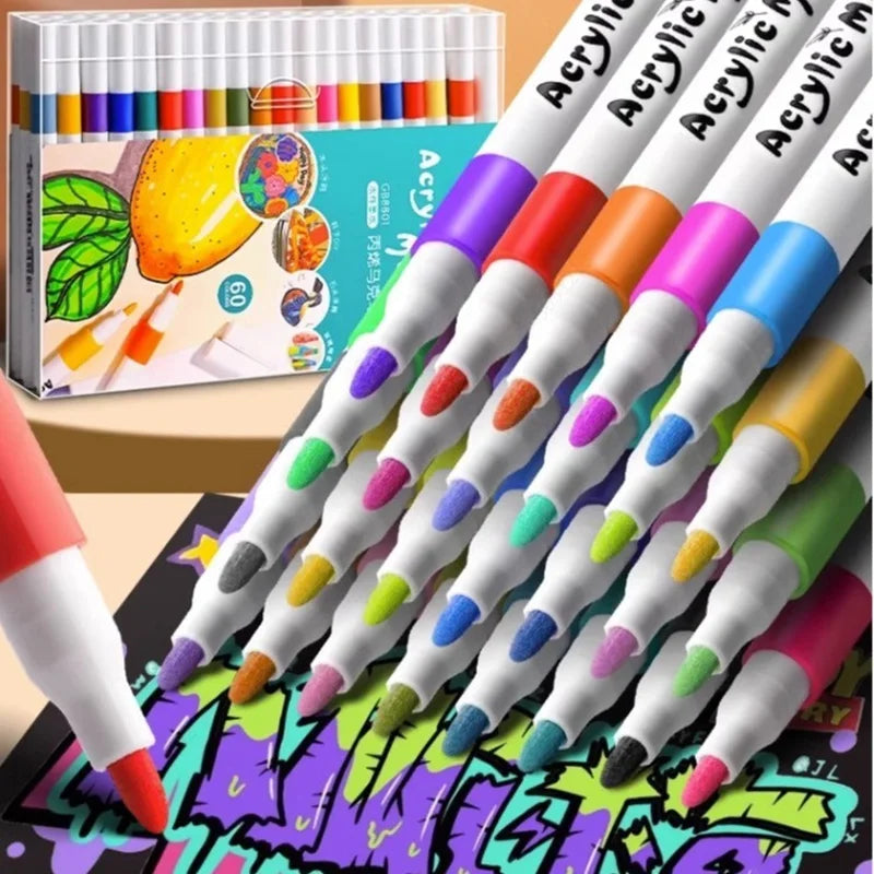 A set of 80-color acrylic markers displayed in a box and laid out, ready for DIY art projects.