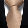 A beige striped silk necktie tied in a knot against a black suit jacket.