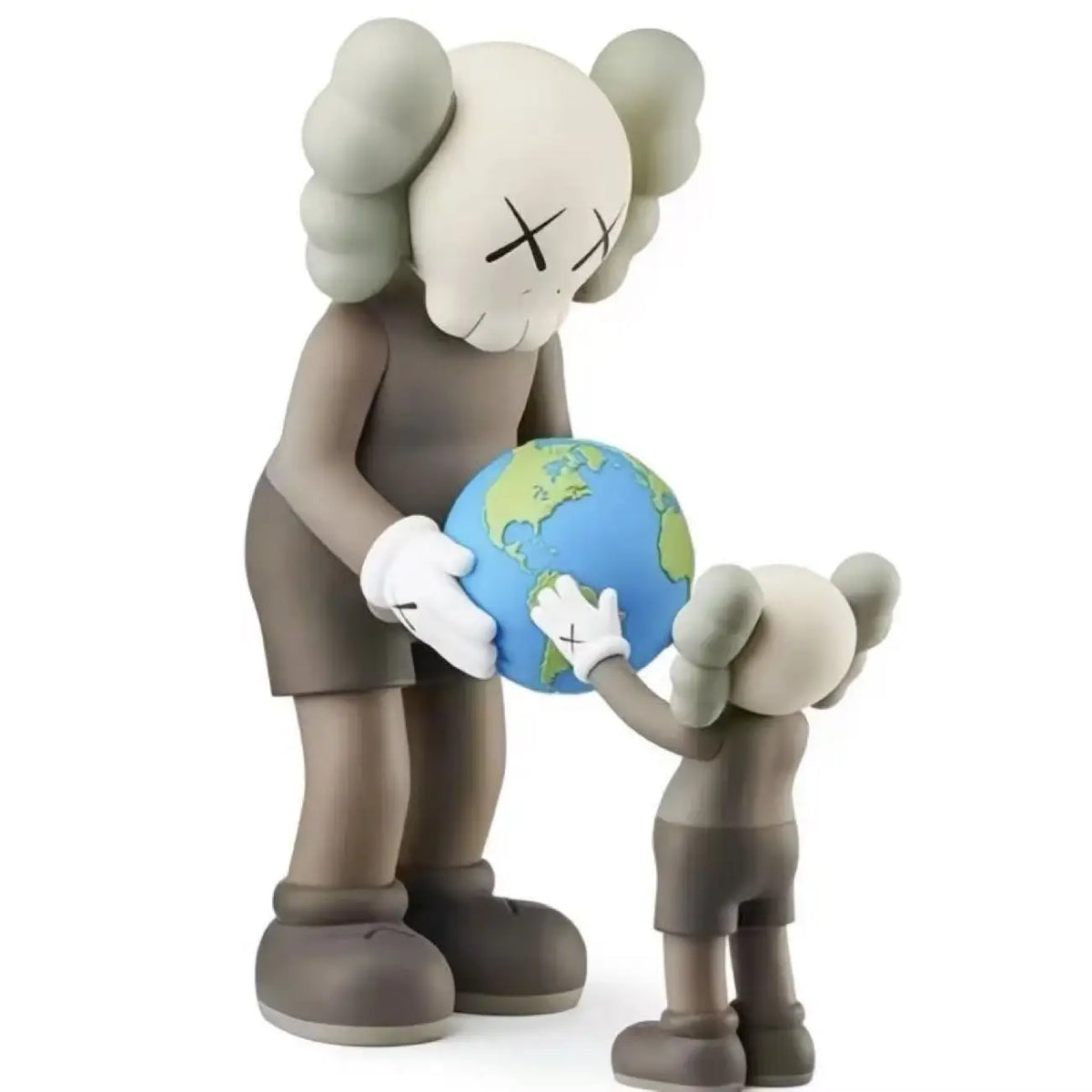 A stylized figurine of a bear character holding a globe.