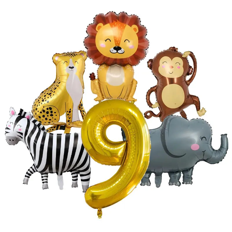 Jungle safari birthday decor set featuring inflatable animals like a lion, zebra, elephant, and monkey.