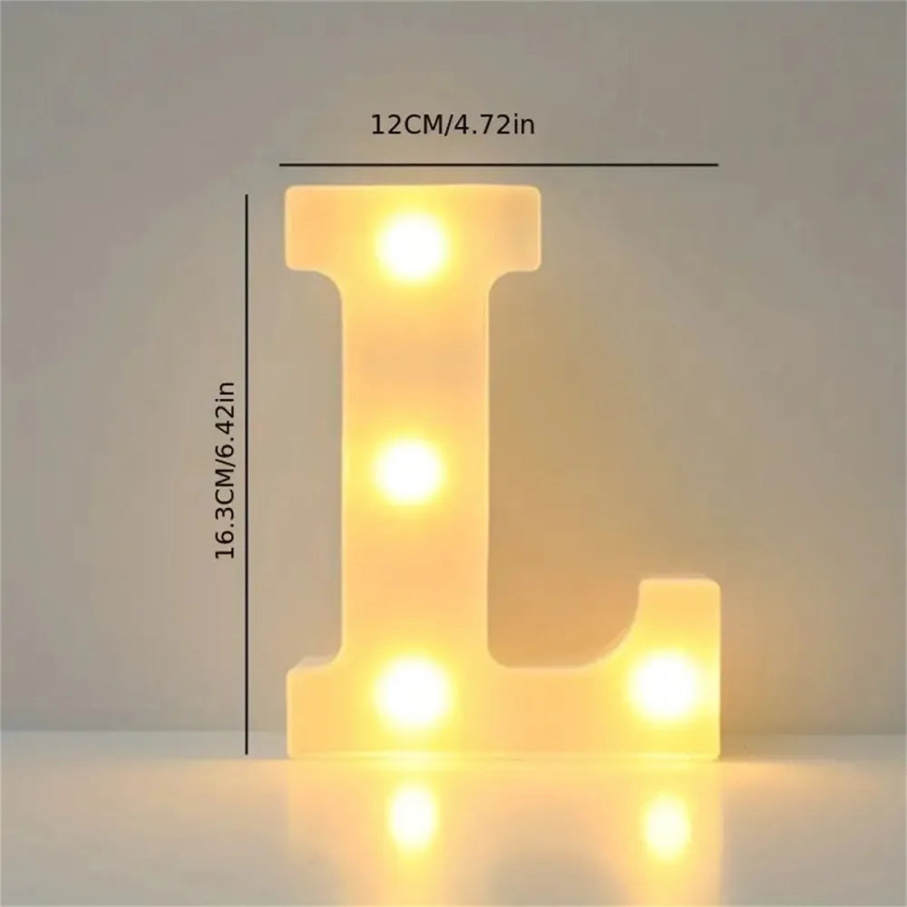 A glowing yellow LED letter light shaped like the capital letter L, used for room or party decor.