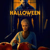A dark, moody scene featuring a woman and a menacing figure in Halloween attire with pumpkins on a table.