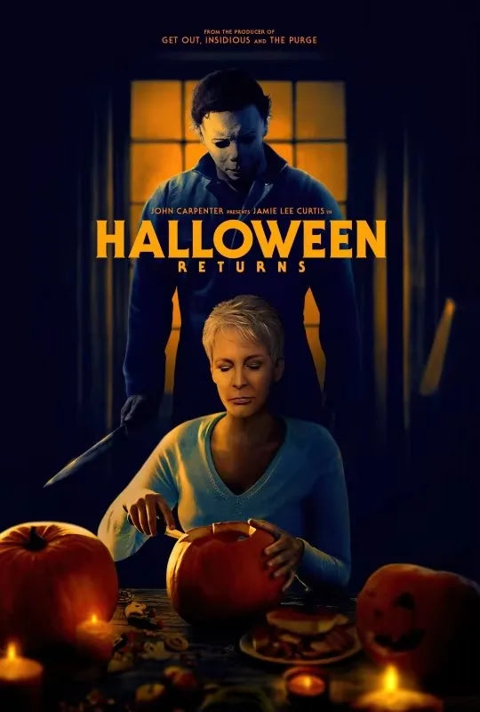 A dark, moody scene featuring a woman and a menacing figure in Halloween attire with pumpkins on a table.