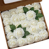 A box filled with realistic white foam rose artificial flowers with green leaves.