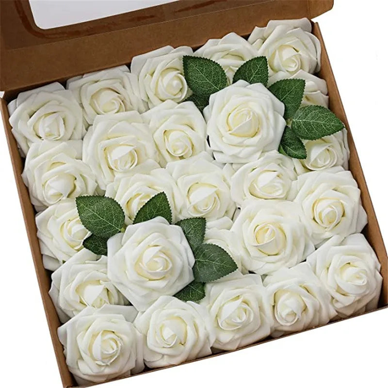A box filled with realistic white foam rose artificial flowers with green leaves.