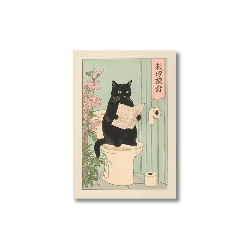 Vintage tiger cat wall art poster featuring a black cat sitting on a toilet with pink flowers and Japanese text.