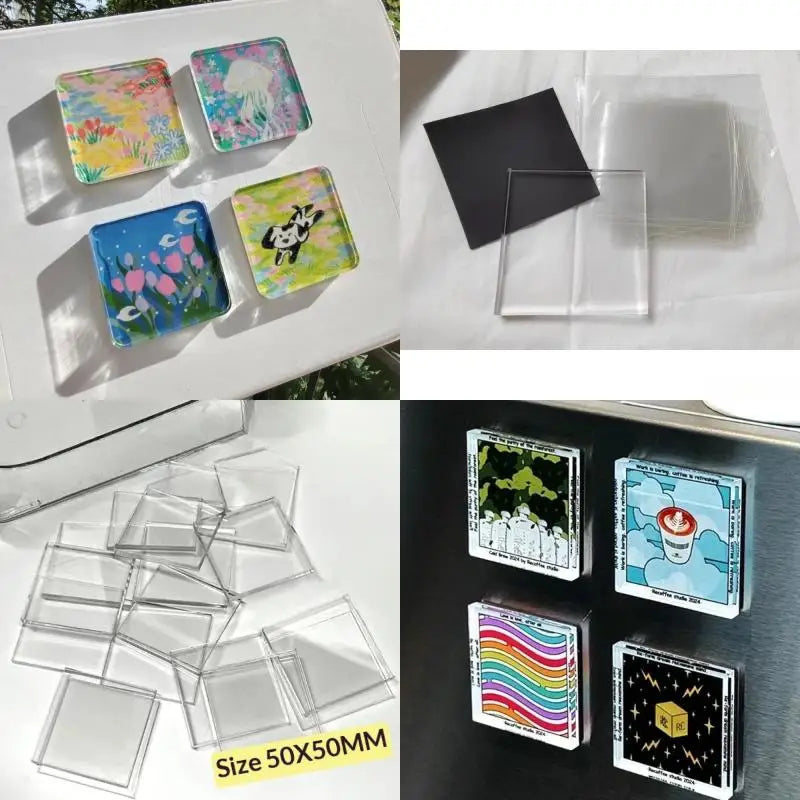Various DIY acrylic magnetic sheets for refrigerator magnets and crafts shown in different colors and shapes.