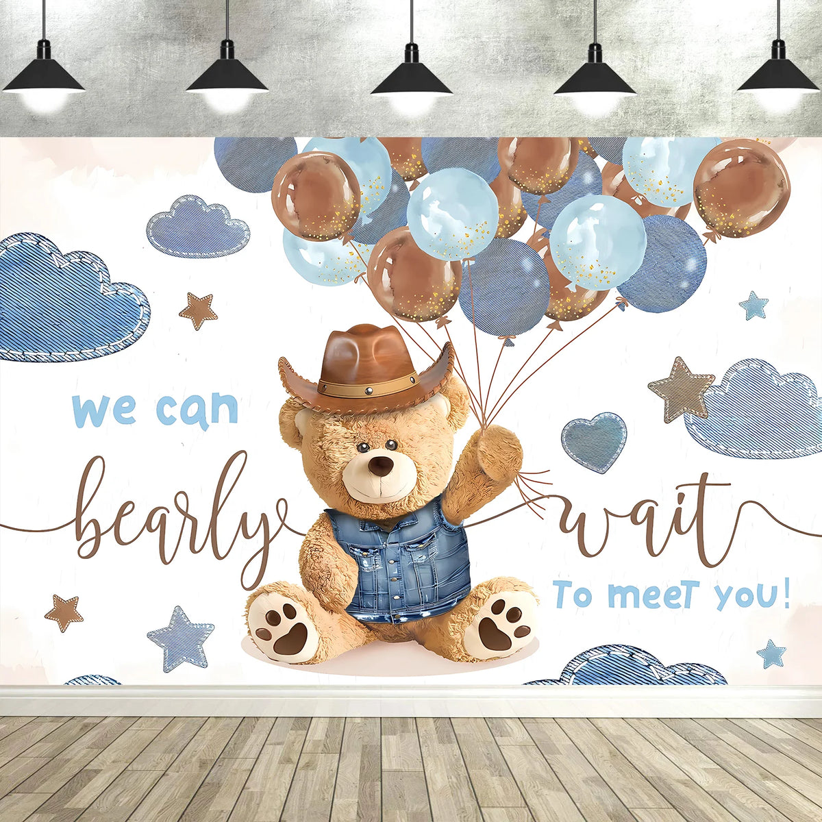 A photo backdrop featuring a cute cartoon bear holding a bunch of balloons for a baby shower or party decoration.