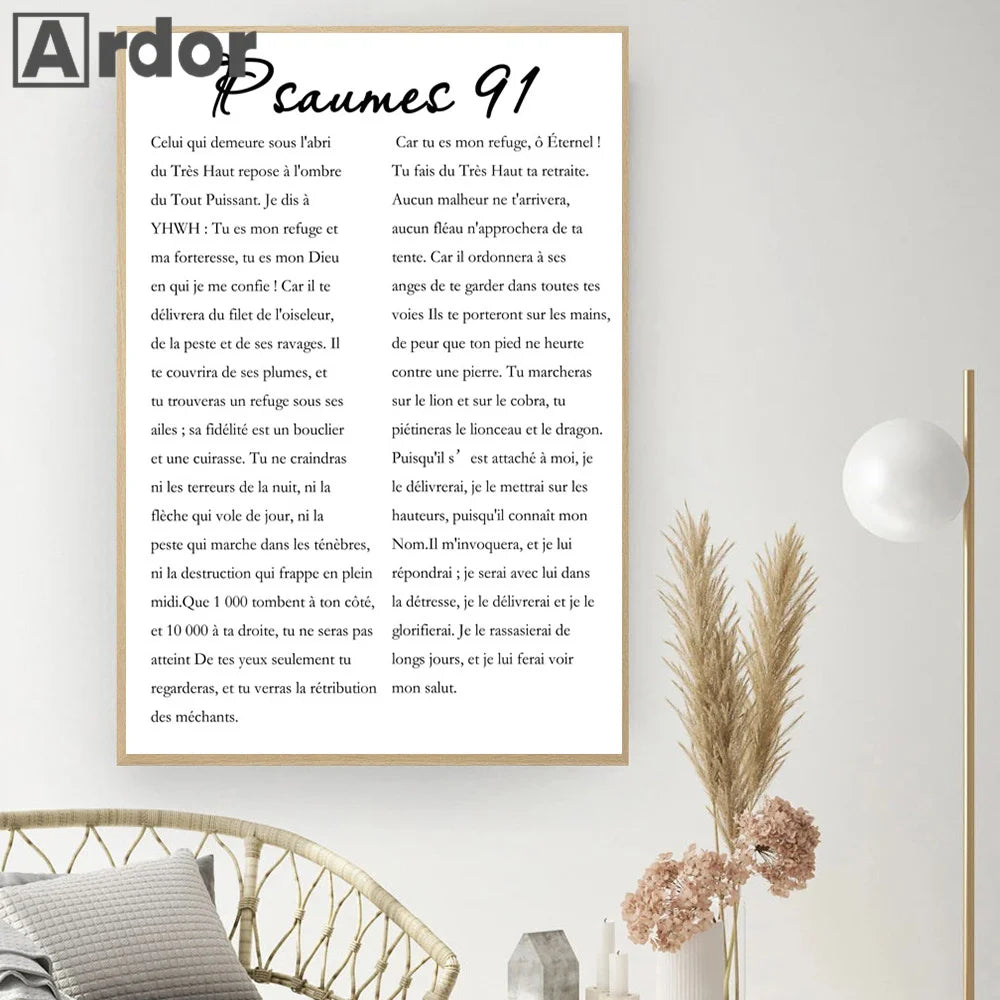 A canvas print featuring Psalm 91 scripture text on a light background.