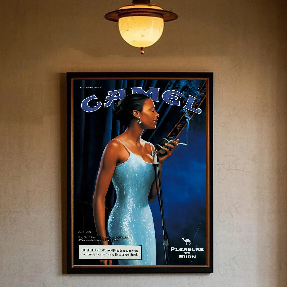 Vintage poster featuring a woman in a blue dress holding a cigarette, titled Camel.