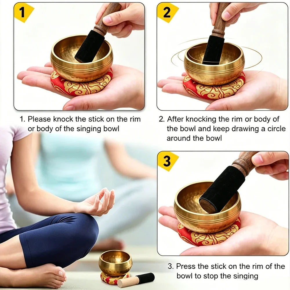 Three steps demonstrating how to use a handcrafted copper singing bowl for meditation and sound healing