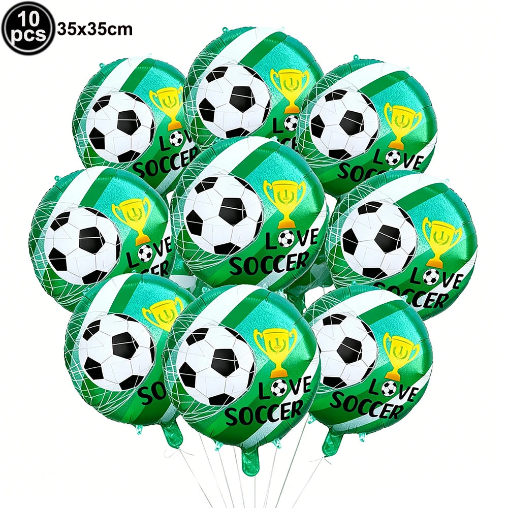 A pack of ten green and white soccer ball balloons with gold trophies, used for party decorations.