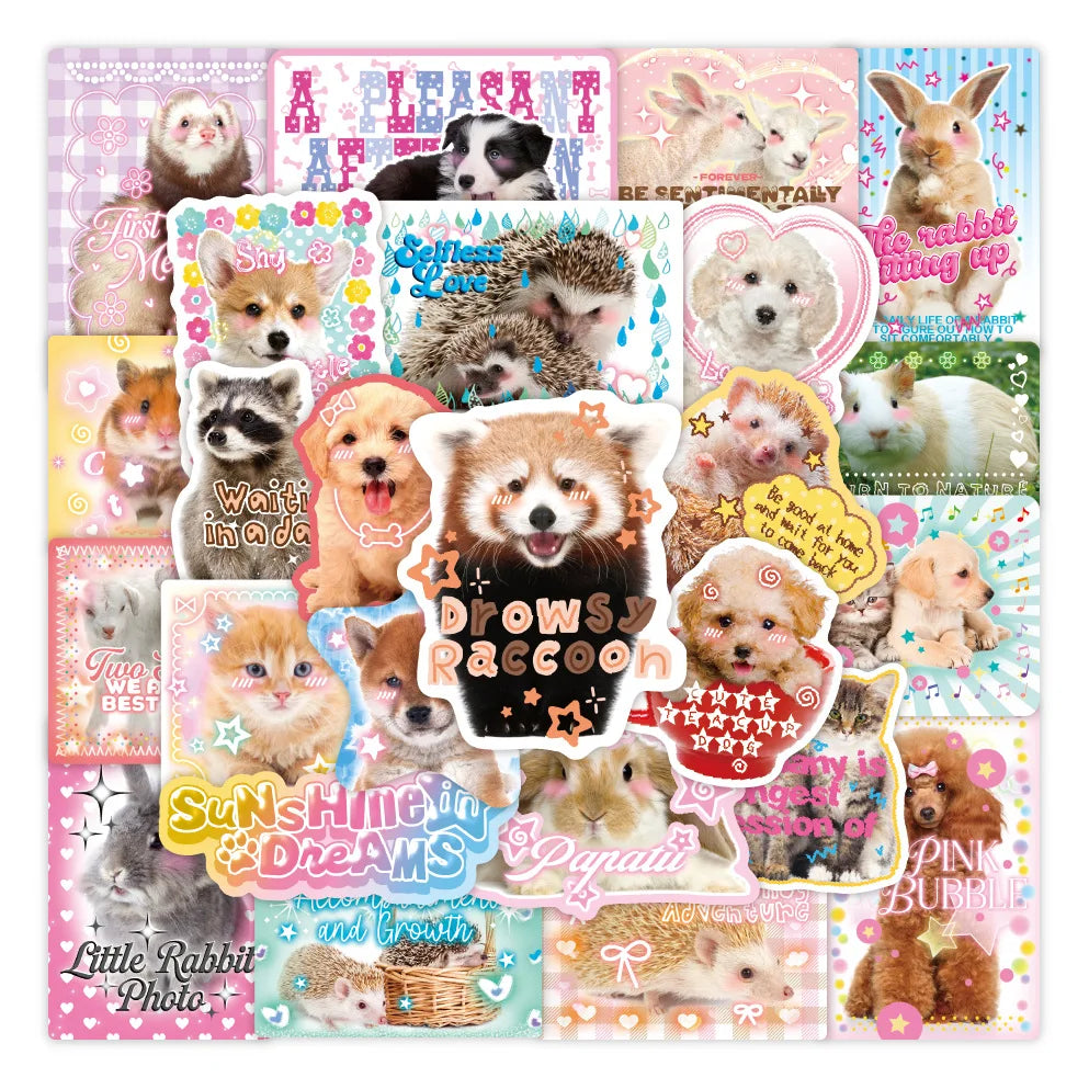 A collection of cute pink graffiti stickers featuring various animals like rabbits, pandas, and dogs.