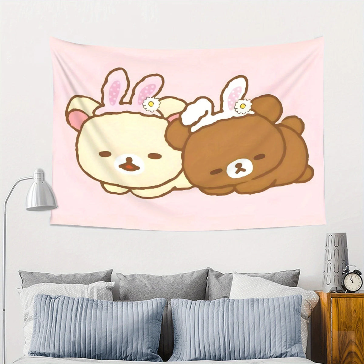 A pink tapestry featuring a cute cartoon bear with pink ears and a brown bear, suitable for wall hanging.