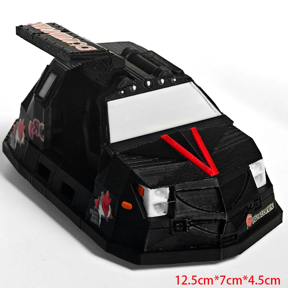 A black armored car model of a Storm Chaser Tornado Interceptor shown from the front view.