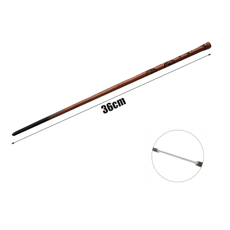 A long, thin wooden magic wand with a dark tip and decorative markings, shown diagonally.