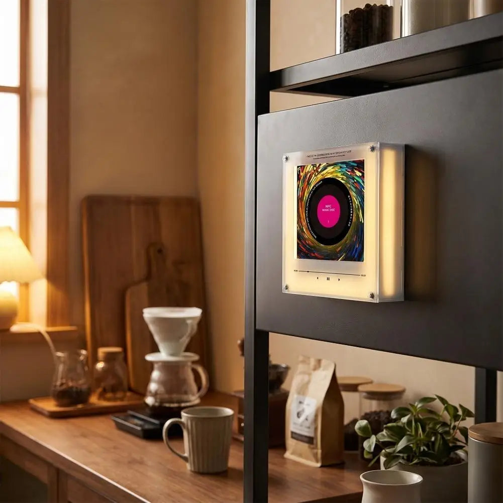 A retro NFC music box night light with a rotating disc is displayed on a dark shelf in a modern interior.