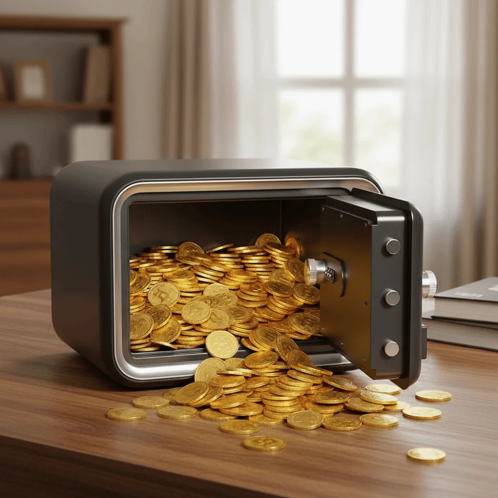 A gold-colored piggy bank with a digital lock is open, spilling numerous gold coins onto a wooden surface.