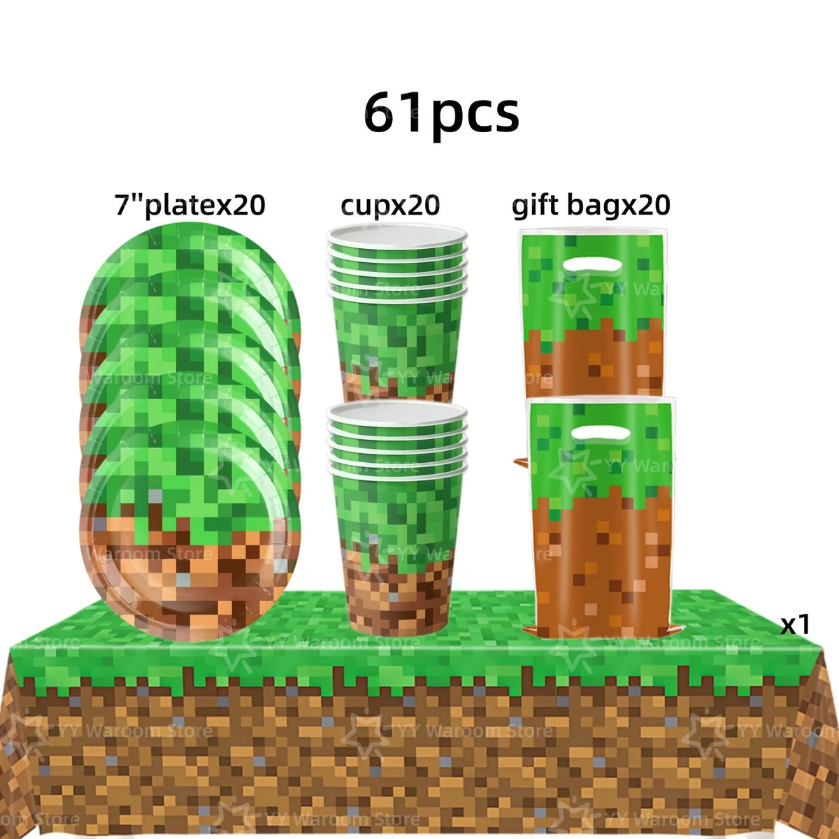A set of 61 pieces including 20 plates, 20 cups, and 20 gift bags in a green miner theme for a party decoration set.