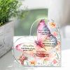 Heart-shaped acrylic decor featuring a pink and yellow butterfly design with inspirational Bible verses