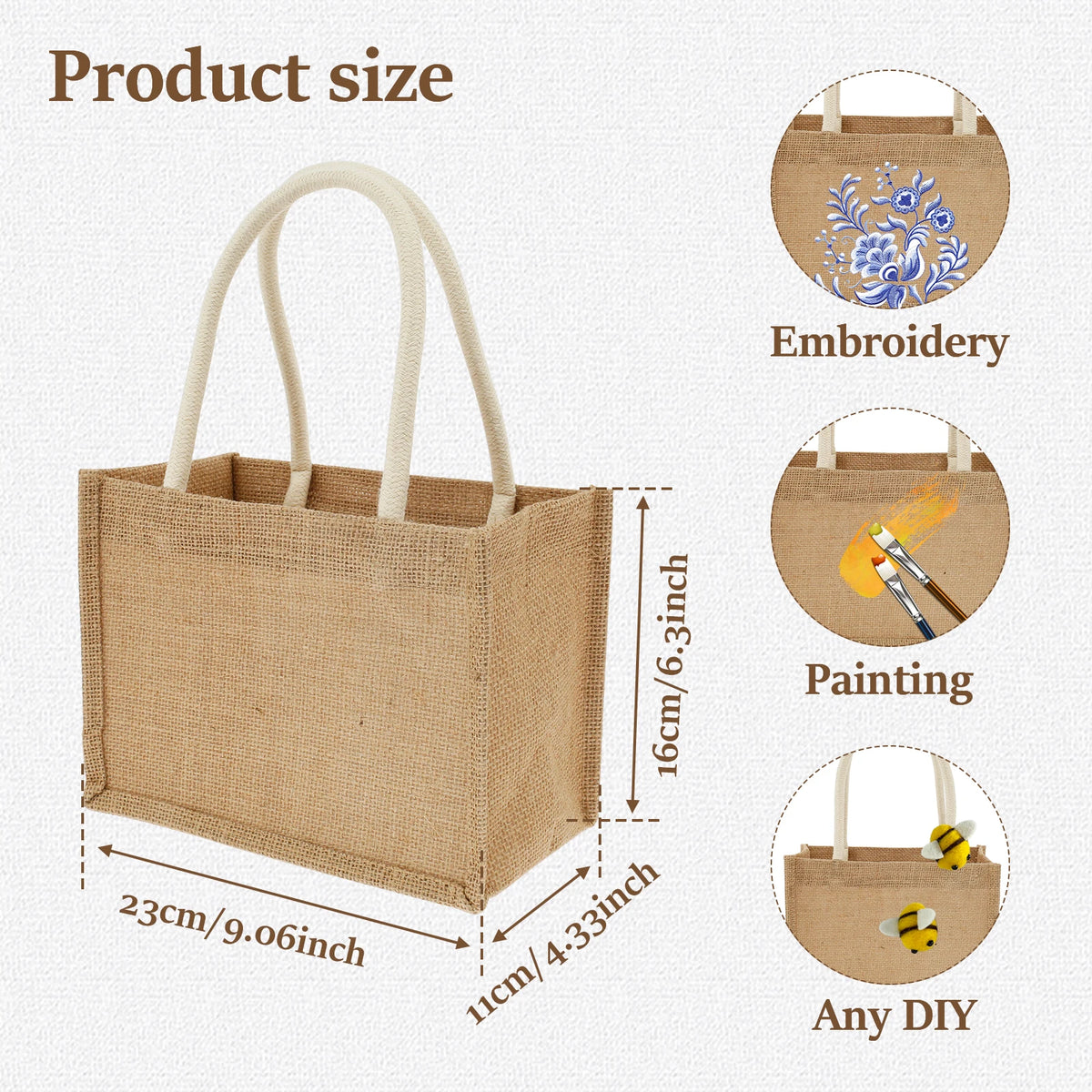 A beige jute tote bag with cotton rope handles shown alongside embroidery, painting, and DIY options.