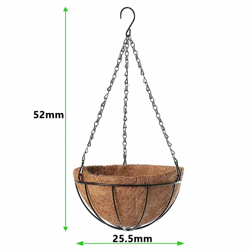 A metal hanging basket with a coconut fiber liner suspended by chains.