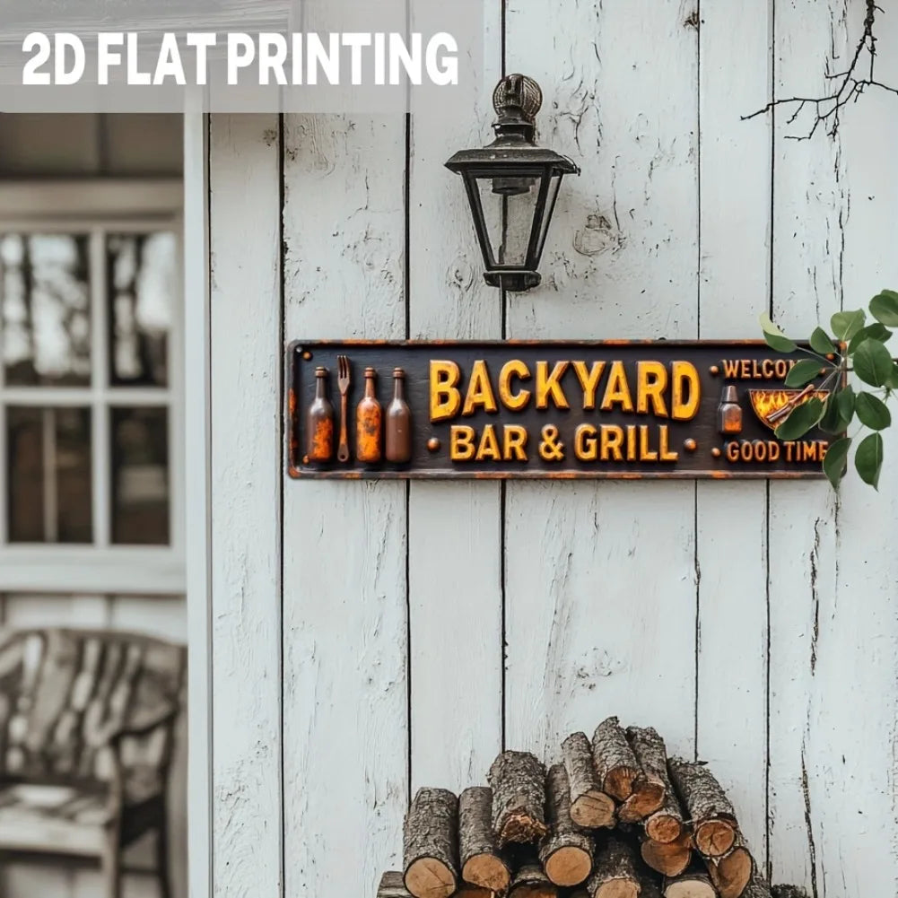 A vintage metal sign for a backyard bar and grill with an antique lantern above it on white wooden siding.