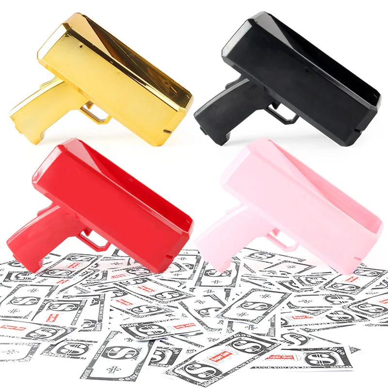 Three colorful toy guns, red, yellow, and pink, are scattered on a surface of fake money.