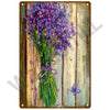A vertical painting of a bouquet of purple lavender flowers tied with purple ribbon against a rustic wooden background.