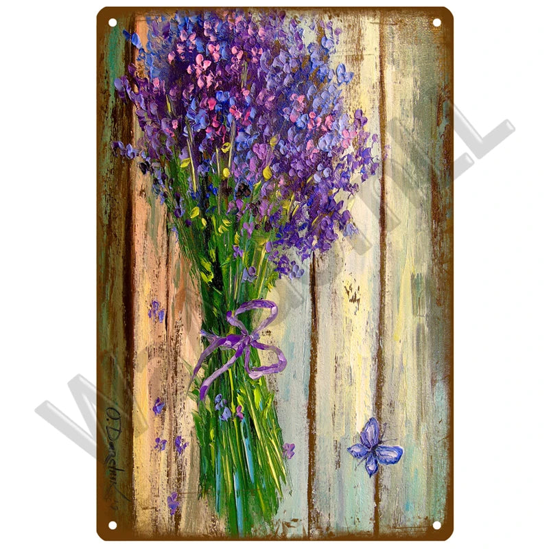 A vertical painting of a bouquet of purple lavender flowers tied with purple ribbon against a rustic wooden background.