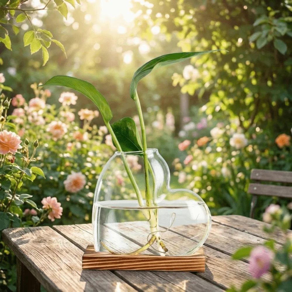 A clear glass vase shaped like a heart filled with water and plant roots, resting on a wooden stand outdoors.