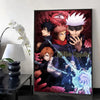 Wall art featuring a dark, intense illustration of Jujutsu Kaisen characters with vibrant colors and calligraphy style.