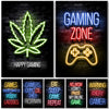 Arte de pared para juegos neón con una hoja de cannabis y un mando de juego retro sobre fondo de ladrillo