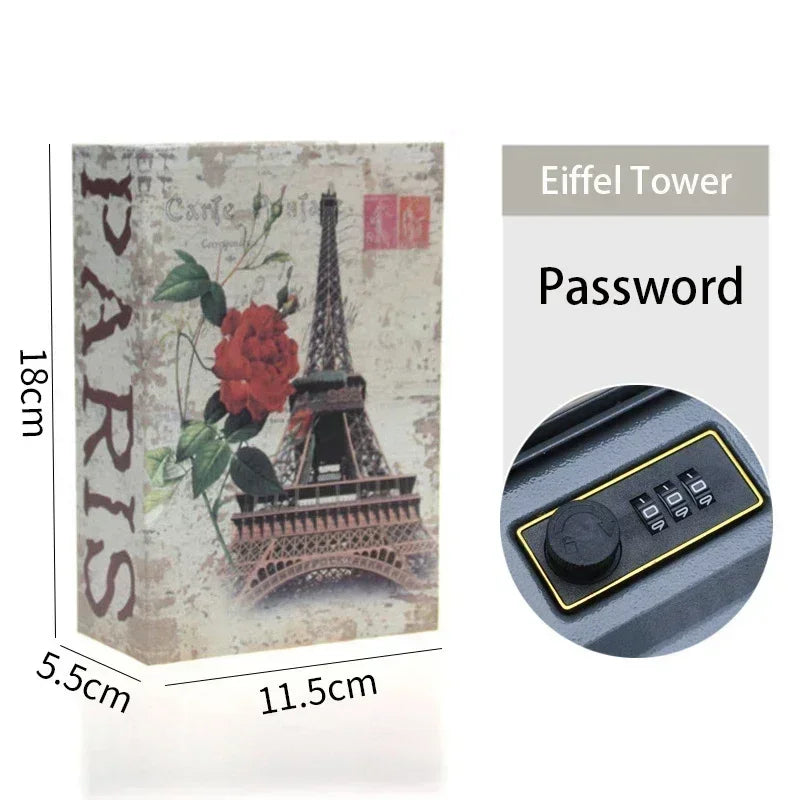A classic book hidden safe with a combination lock and an Eiffel Tower themed password entry device.