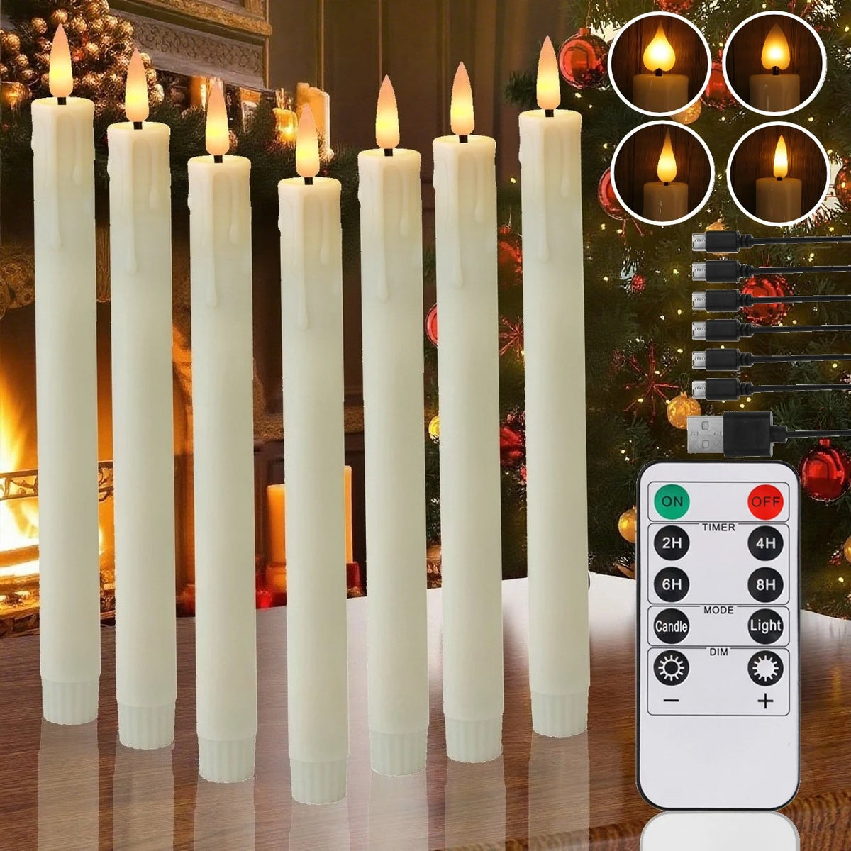 A set of white LED taper candles displayed in a fireplace setting with a remote control and timer visible.
