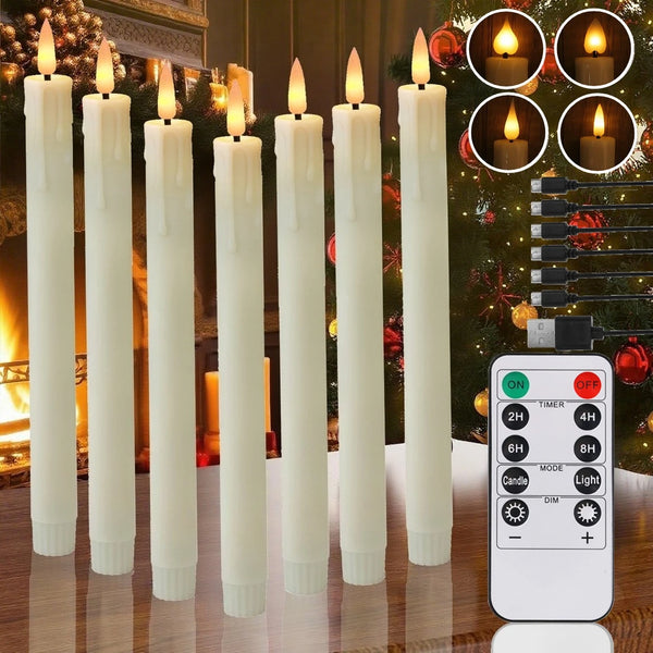 A set of white LED taper candles displayed in a fireplace setting with a remote control and timer visible.