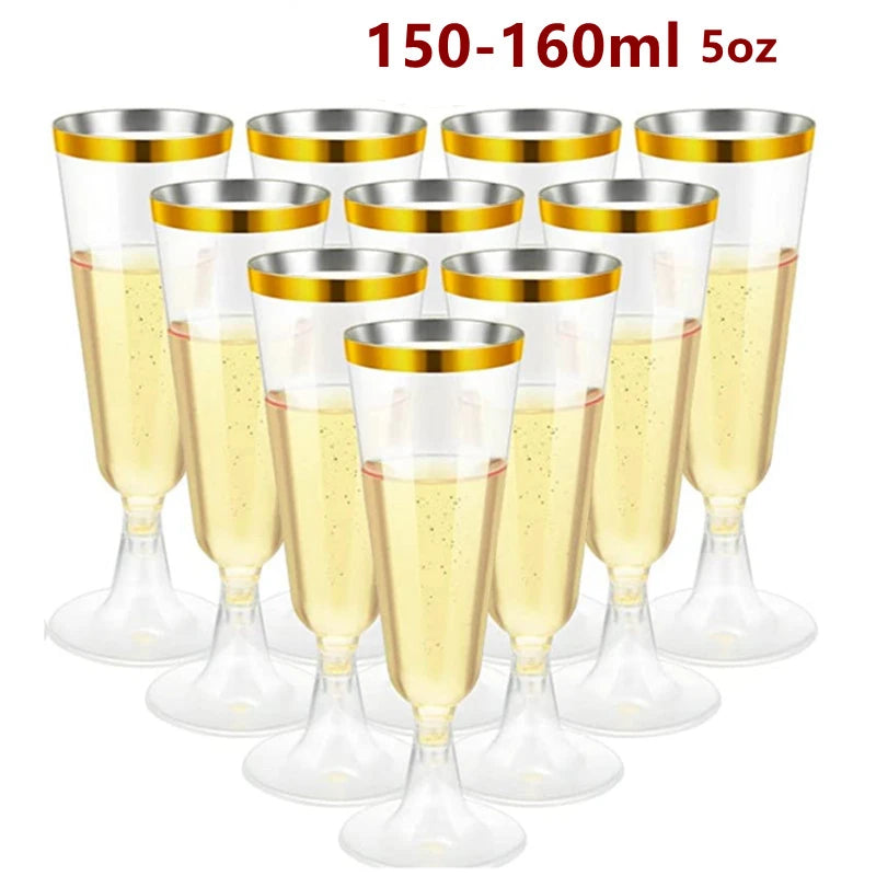 A set of 10 elegant disposable plastic champagne flutes with gold rims and yellow liquid inside.