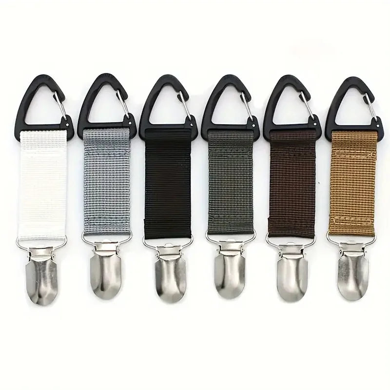 A set of five black portable straw hat clips with various colored fabric bands and metal clasps.
