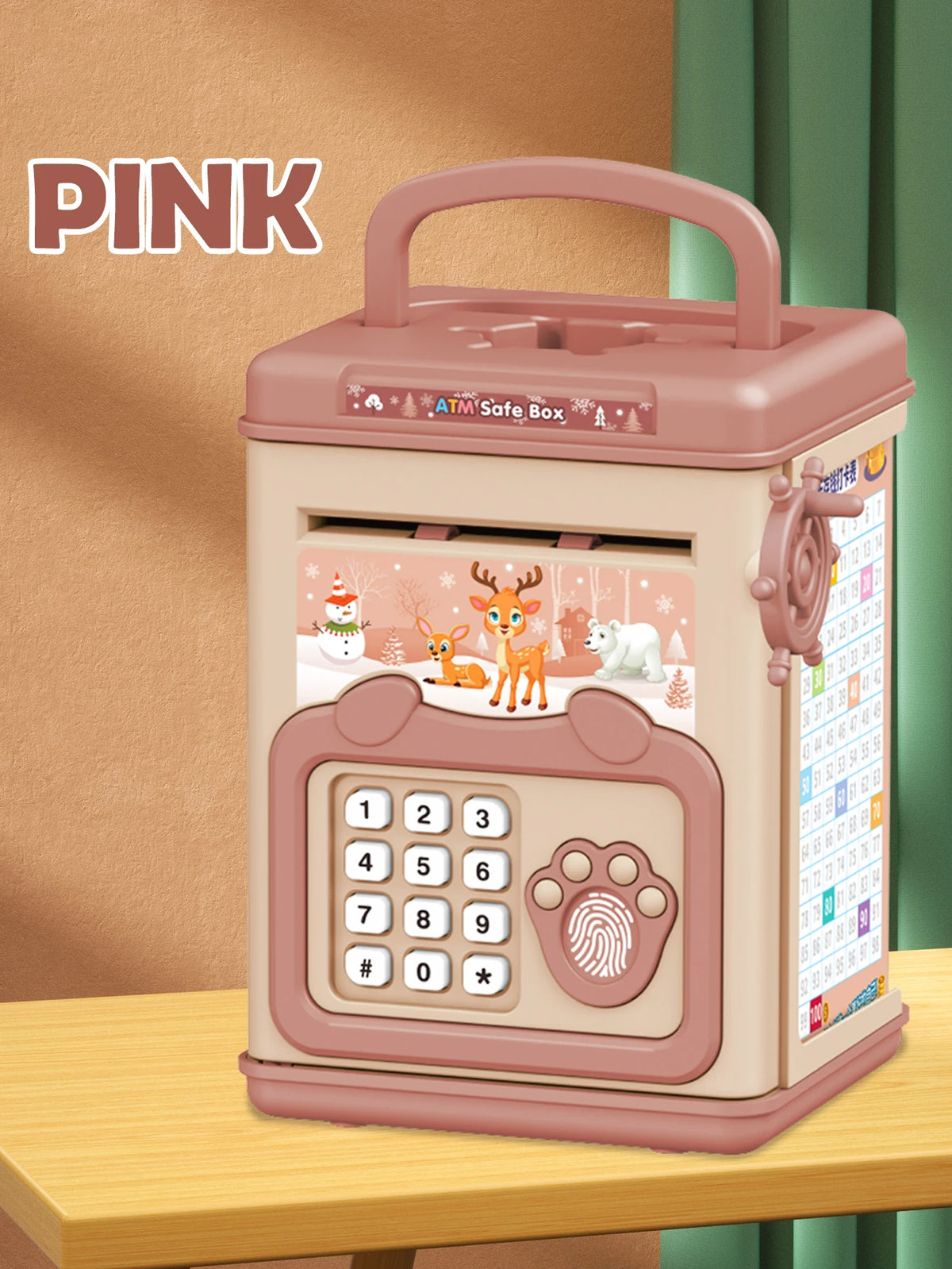 A pink electronic ATM piggy bank with a password lock for kids sitting on a wooden surface.