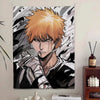Porträt eines männlichen Charakters mit spitzem orangefarbenem Haar und intensiven Augen, im Stil einer monochromen Manga-Col