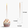 A tall, slender birthday candle with a pink wax body and a white frosting cupcake visible next to it.