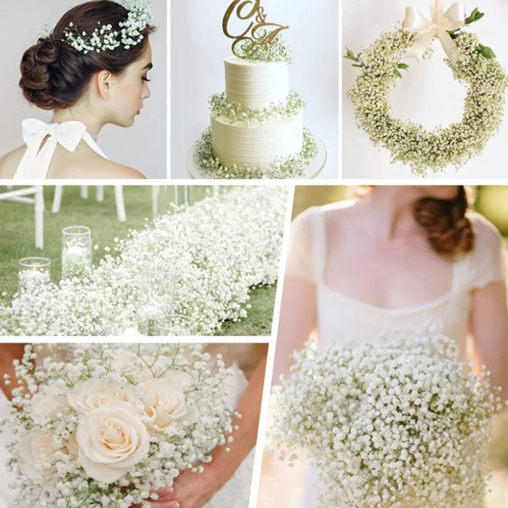 A collection of floral arrangements including a tiered cake, baby's breath bouquets, and a bridal bouquet.