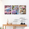 Three diamond painting panels featuring scenic views of mountains, cherry blossoms, and European architecture.