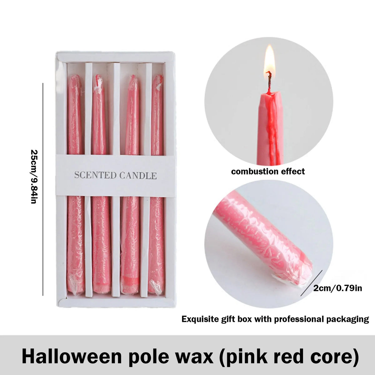 Set of four pink red pole wax taper candles with a dripping blood effect in an elegant gift box.
