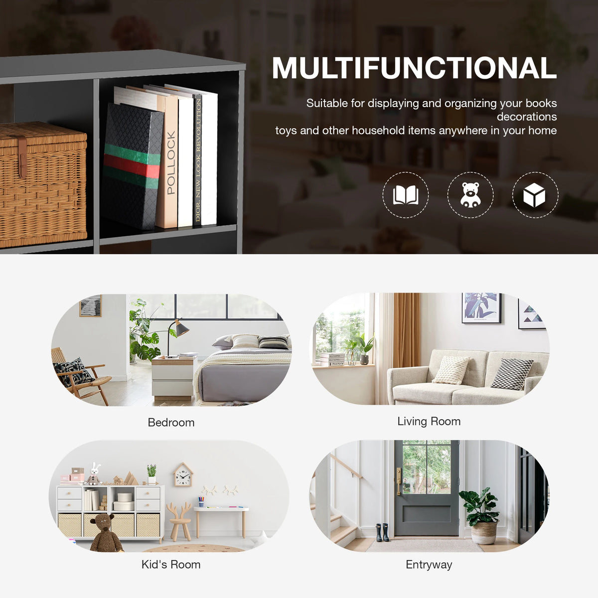 A multifunctional wooden cube storage organizer bookcase with open shelves shown in various room settings.